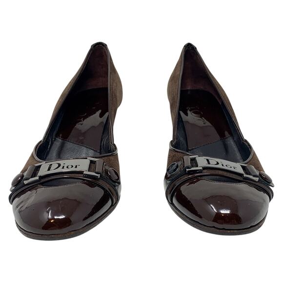 Vintage Dior Galliano Era Street Chic Brown Suede Patent Leather Logo Pumps 37.5 - Picture 5 of 16